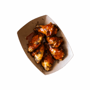 Chicken wings in a brown paper container.