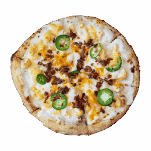 Pizza with jalapeños, cheese, and ground beef.