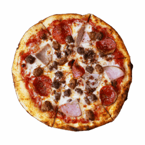 Meat pizza with various toppings on black background.