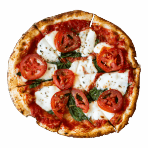 Margherita pizza with tomatoes and mozzarella.