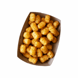 Golden tater tots in a cardboard tray.